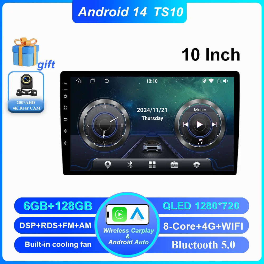 Android 14 CarPlay car radio Android Auto GPS multimedia player 2 DIN universal 9/10 inch Car stereo WiFi player QLED Screen BT