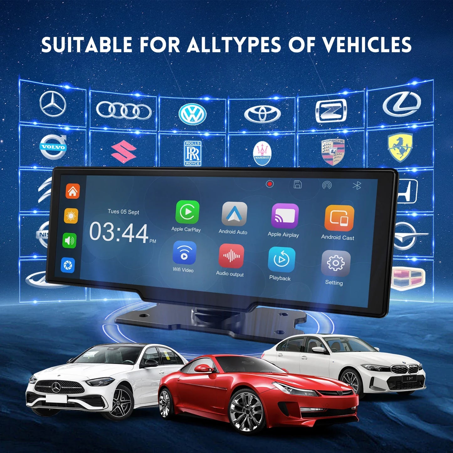 Wireless BT Car Audio Stereo Player Portable Carplay Screen with 4K Dash Cam 10" HD IPS Carplay&Android Auto Screen Mirror Link