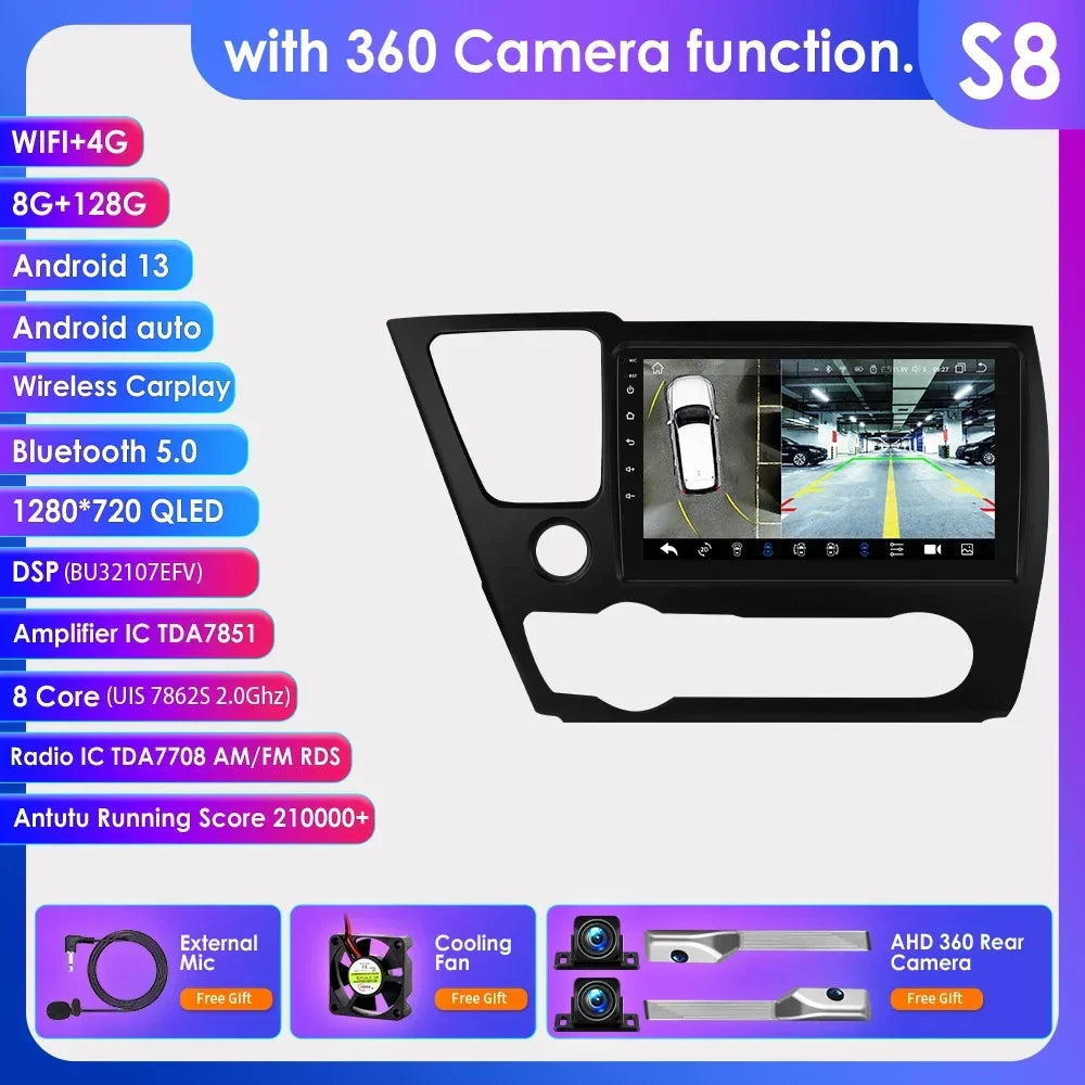 Hizpo For Honda Civic 9 2013 2014 2015 2016 Android 13 Carplay Car Radio Multimedia Video Player GPS Navigation 2 Din Autoradio