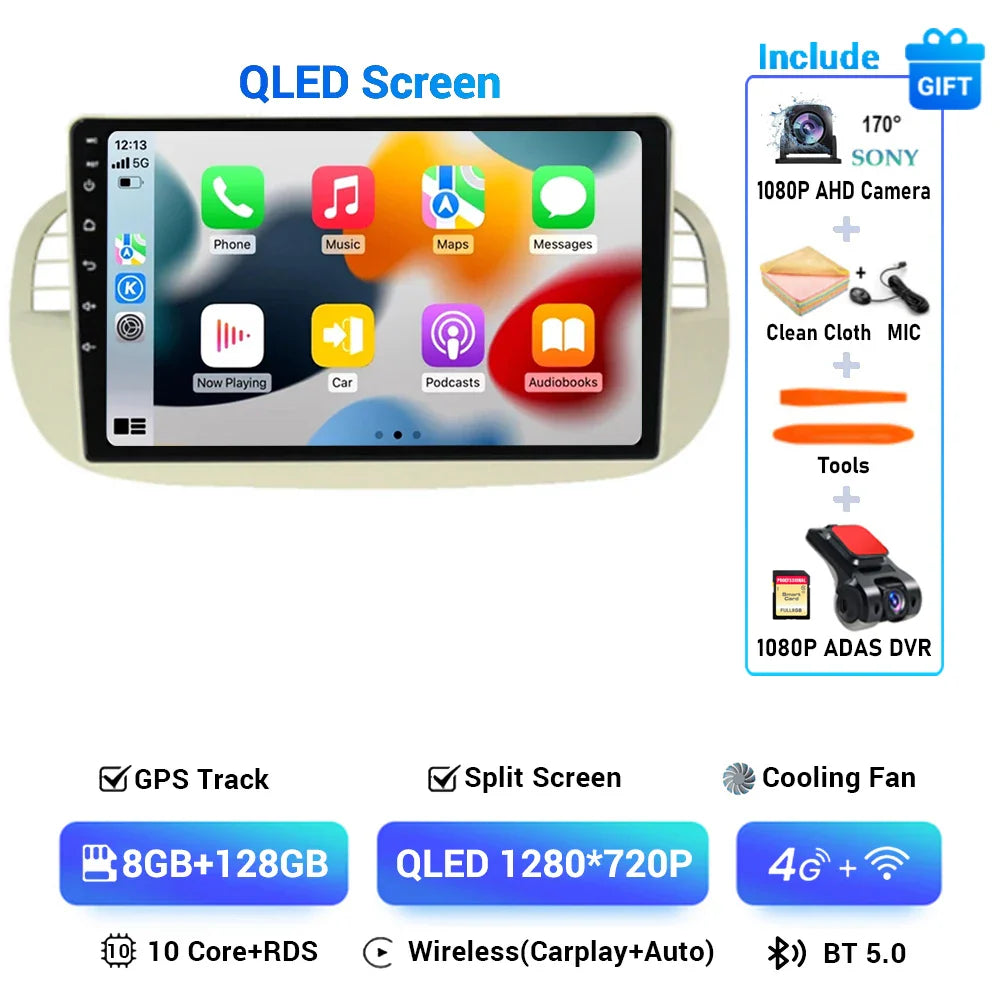 Android 15 8+256G For Fiat 500 Car Radio Stereo GPS Navigation Mirror Connection Split Screen Multimedia Carplay Auto Player DSP