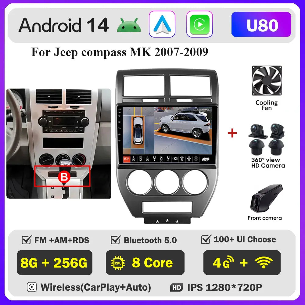 Android 14 Car For Dodge Caliber 2007-2010 For Jeep compass MK 2007-2009 stereo Radio Wireless Carplay Android Auto Radio Stereo