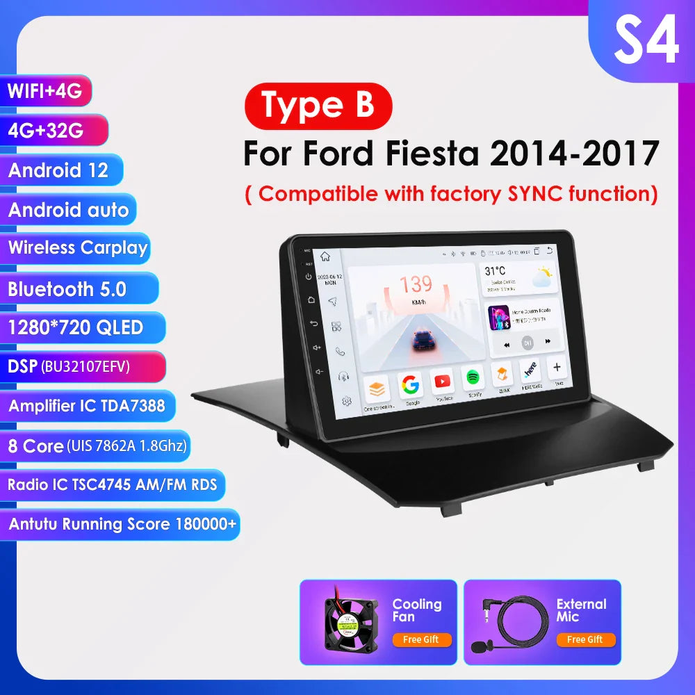 Hizpo 9 Inch Car Radio for Ford Fiesta 2009 - 2017 2din Android Multimedia Video Player GPS Navi Wireless Carplay Auto Screen