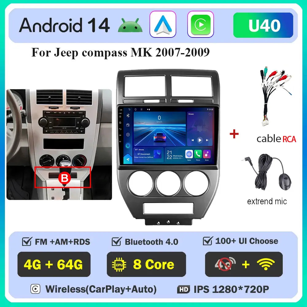 Android 14 Car For Dodge Caliber 2007-2010 For Jeep compass MK 2007-2009 stereo Radio Wireless Carplay Android Auto Radio Stereo