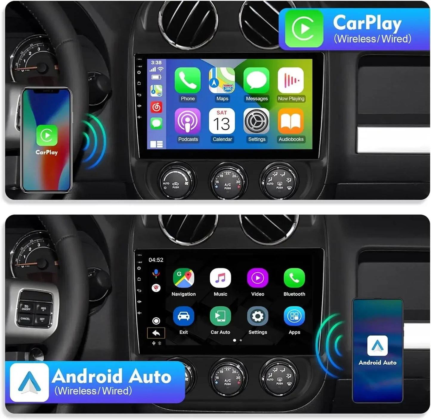 10inches Android 13 Car Stereo for Jeep Compass/Patriot 2010-2016 IPS Touchscreen Screen Car Radio with Carplay & Android Auto