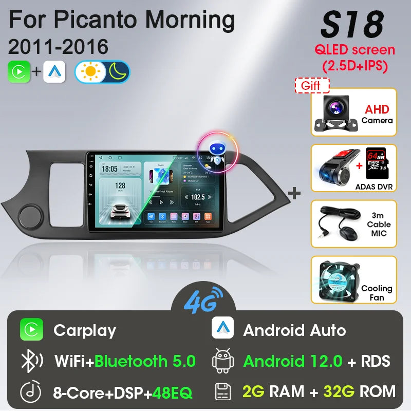 2 Din Android 12 Car Radio Carplay for KIA PICANTO Morning 2 2011 2012 2013 2014 2015 2016 Multimedia Player Navigation DVD Head