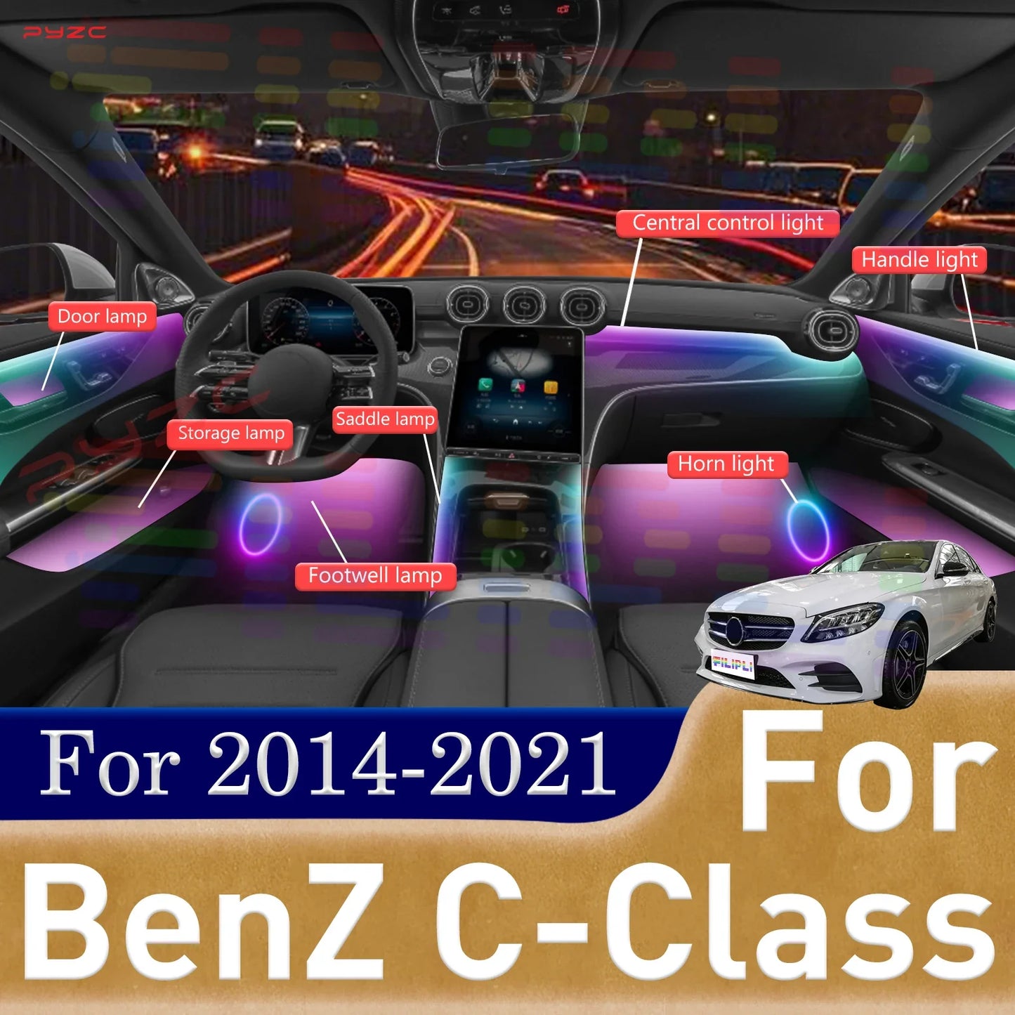 For BenZ C-Class 64 Color RGB Symphony Car Ambient Light Strip APP Enable Interior Acrylic Guide LED Atmosphere Lamp