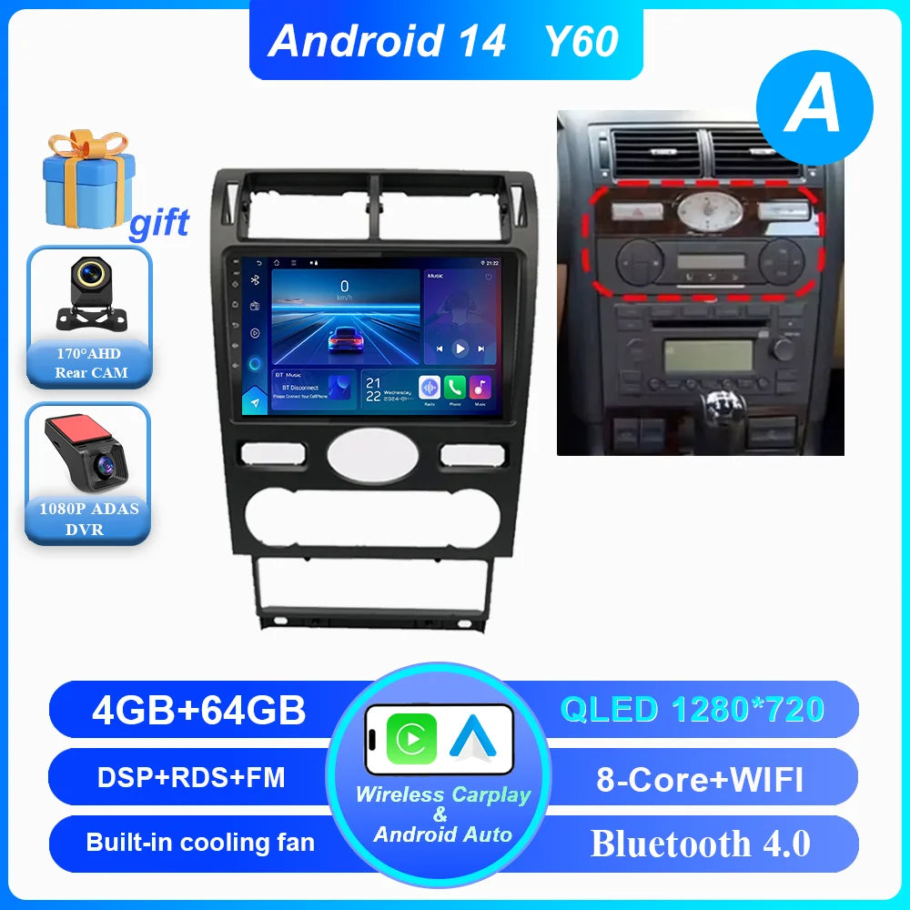 Android 14 Radio Stereo For Ford Mondeo MK 3 2000 2001 2002 2003 2004 2005-2007 Auto Multimedia Player GPS Navigation Bluetooth