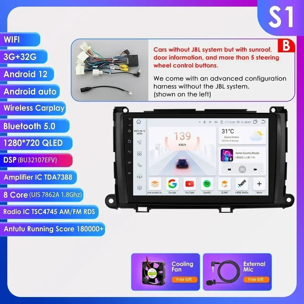 Hizpo For Toyota Sienna XL30 2010-2014 Car Radio Multimedia Video Player Navigation Stereo GPS Android Auto Carplay 8G+128GB RDS