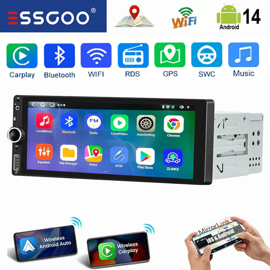 ESSGOO 6.86" Android 14 4+64G Universal Single DIN Car Stereo Radio CarPlay Android Auto BT USB SWC Wifi FM GPS Navi Mirror link