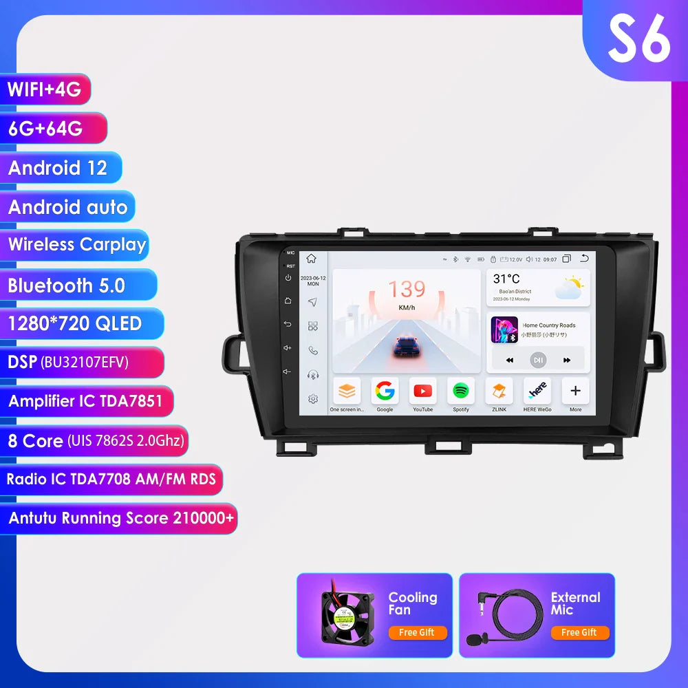 For Toyota Prius 3 XW30 2009-2015 Android 13 Car Radio Multimedia Video Player GPS Navigation Carplay 4G QLED Screen DSP Stereo