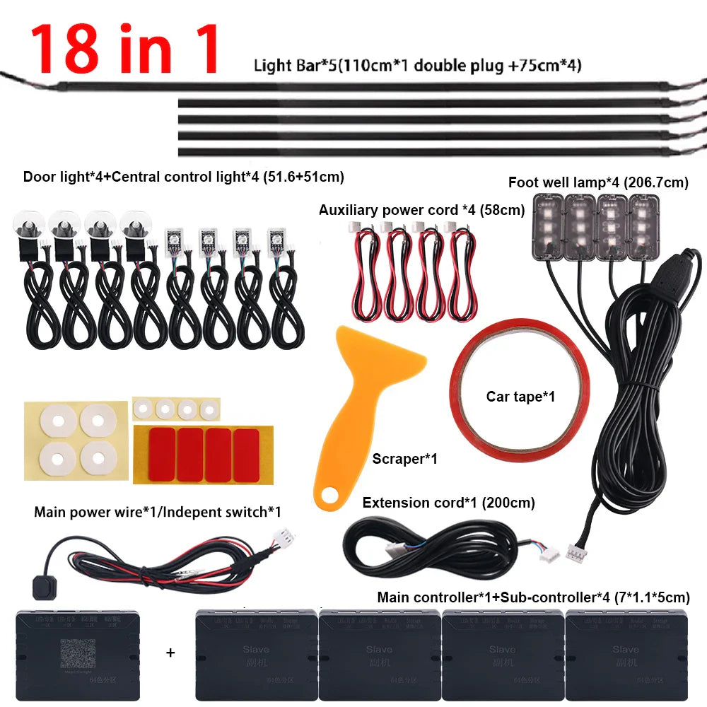 18/22 in 1 Car Hidden Ambient Light Backlight Dual Zone RGB Symphony Acrylic Strips Matt Black Interior Car Ambient Lamp APP 12V