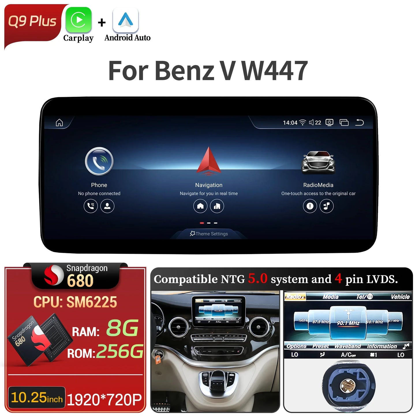 Car Radio For Mercedes Benz V Class W447 V250 V260 V350 Android 14 4G Wireless BT Carplay Snapdragon 680 Head Unit Touch Screen