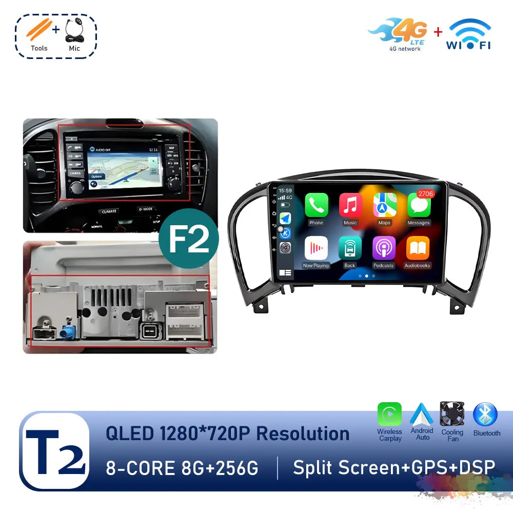 Carplay Android OS for Nissan Juke YF15 2010 - 2014 QLED Touch Screen 9 '' Car Radio Stereo Player GPS Navigation WiFi Head Unit