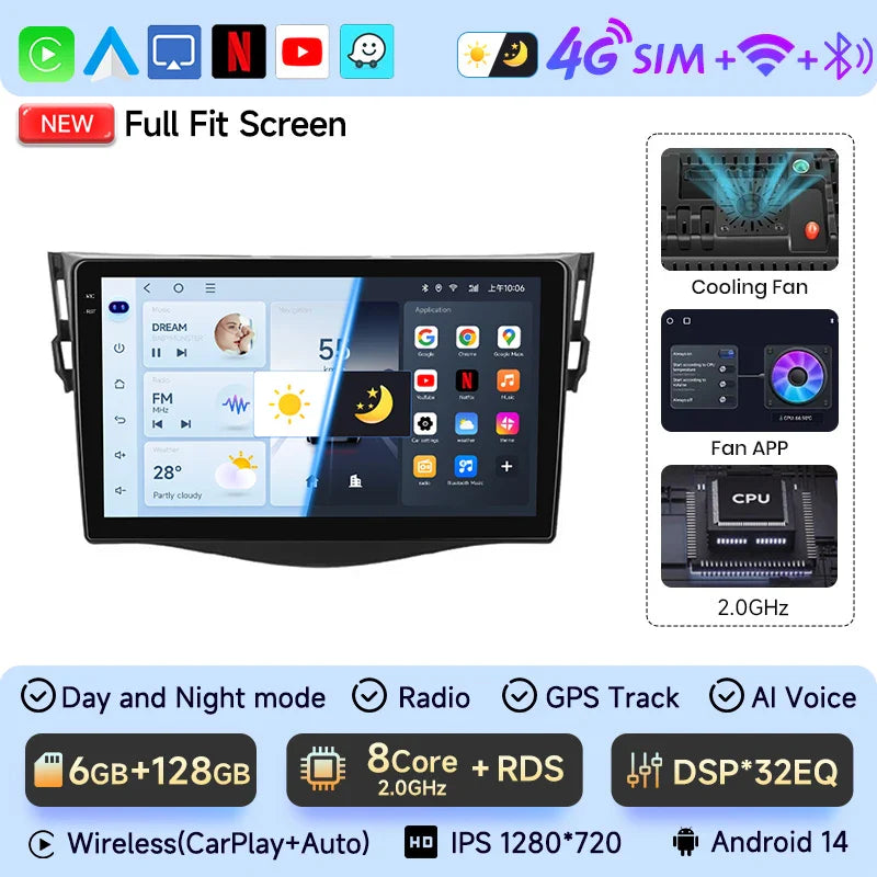 JIUYIN Car Radio For Toyota RAV4 Rav 4 2005-2013 Android 14 Multimedia Player 2Din Carplay DSP Navigation GPS 4G WIFI stereo