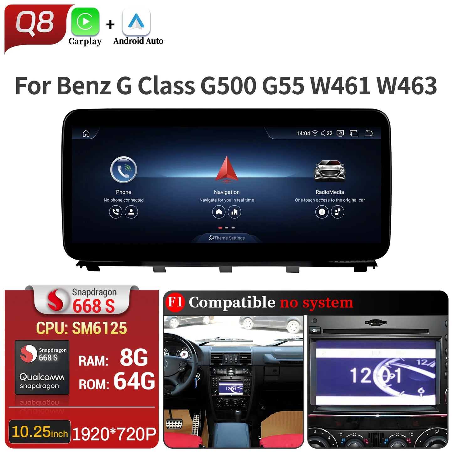 Car Radio For Mercedes Benz G Class G500 G55 W461 W463 2008-2015 Android 14 Wireless BT Carplay Snapdragon 680 Head Unit Screen