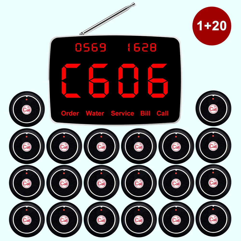 Wireless Waiter pager System Restaurant Smart Voice Broadcast 20 Call Buttons for Bar, Office, Cafe, and Customer Service Bell