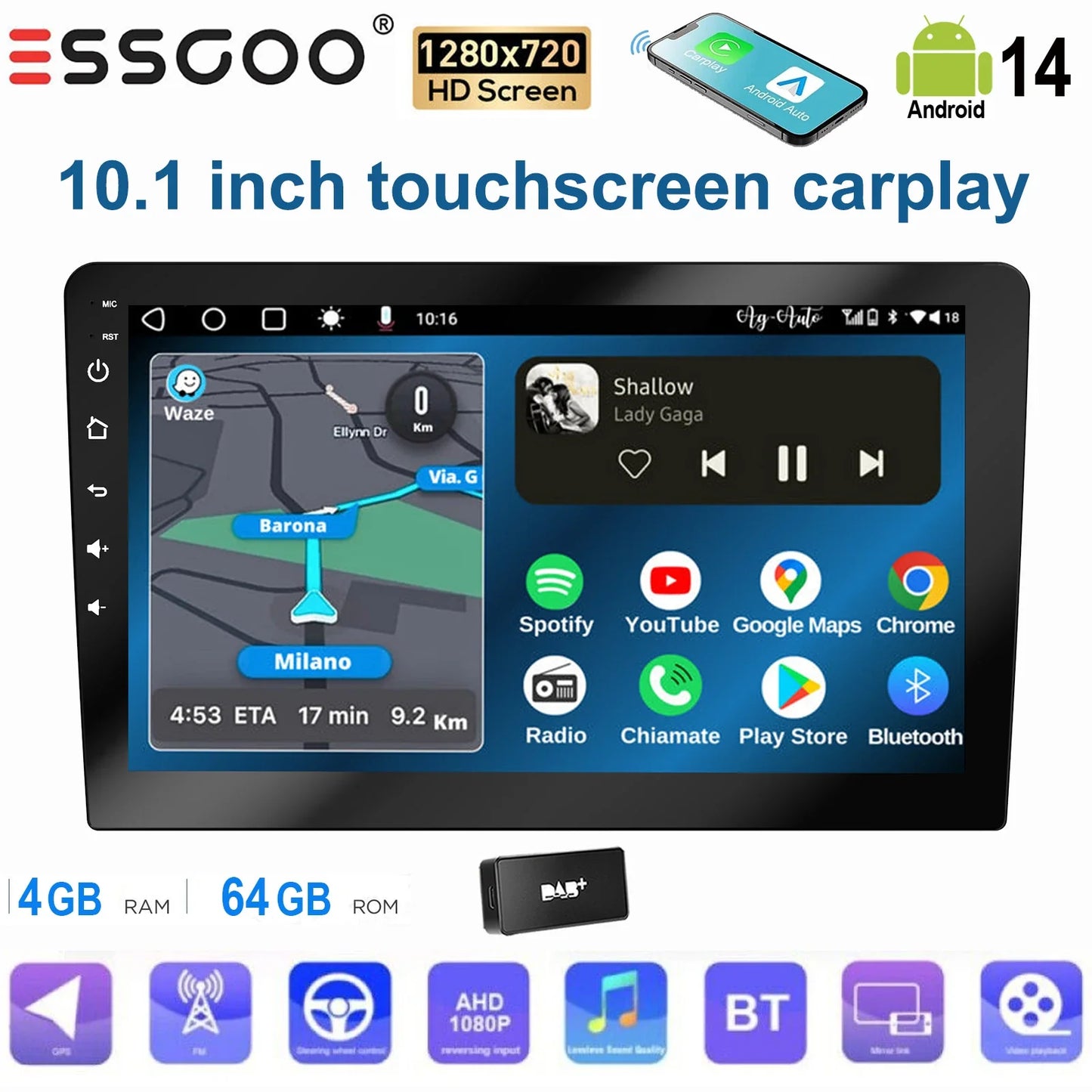 ESSGOO 10.1 Inch touchscreen 2 DIN Car stereo radio Android 14 Wireless Carplay Android auto GPS Navigation WiFi FM RDS SWC USB
