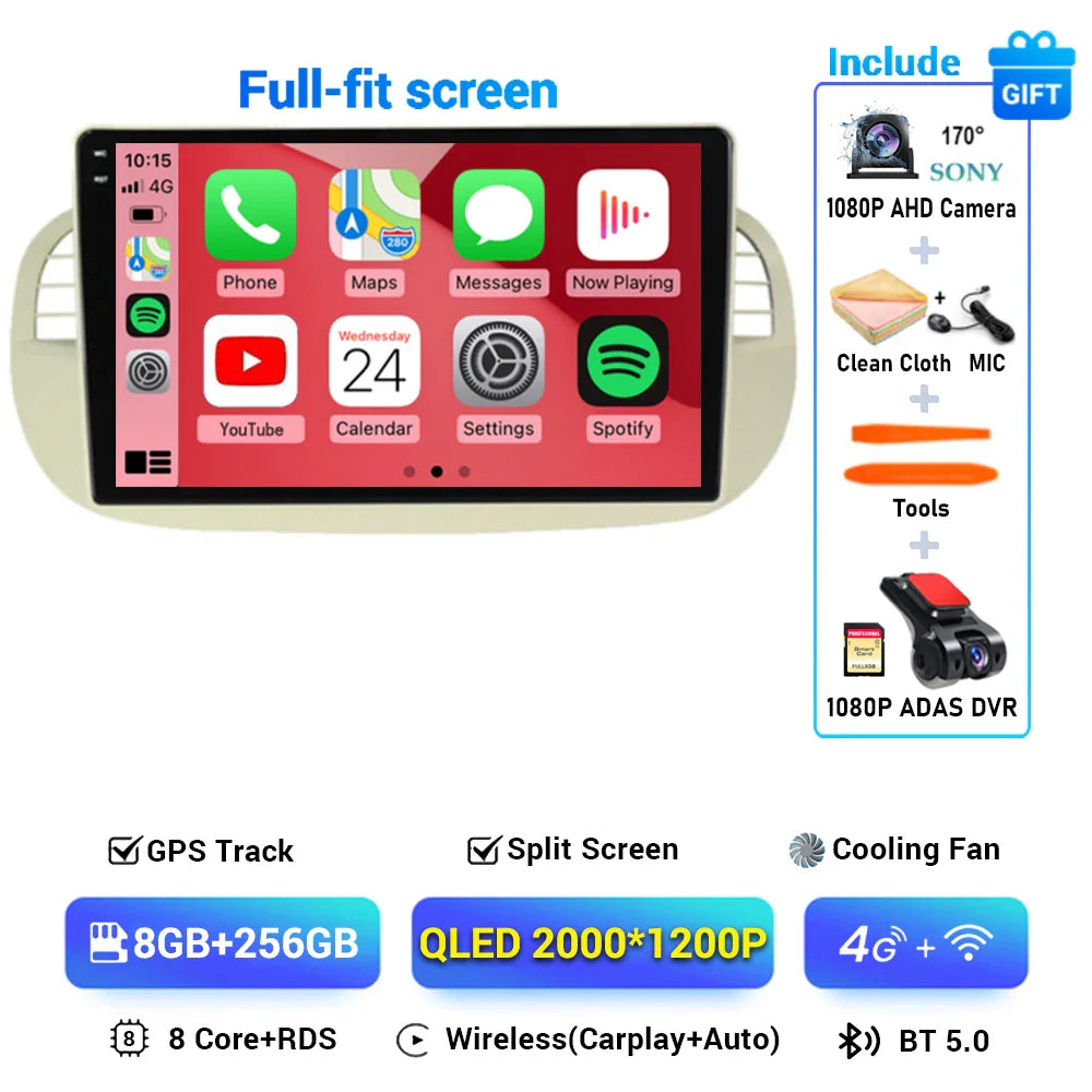 Android 15 8+256G For Fiat 500 Car Radio Stereo GPS Navigation Mirror Connection Split Screen Multimedia Carplay Auto Player DSP