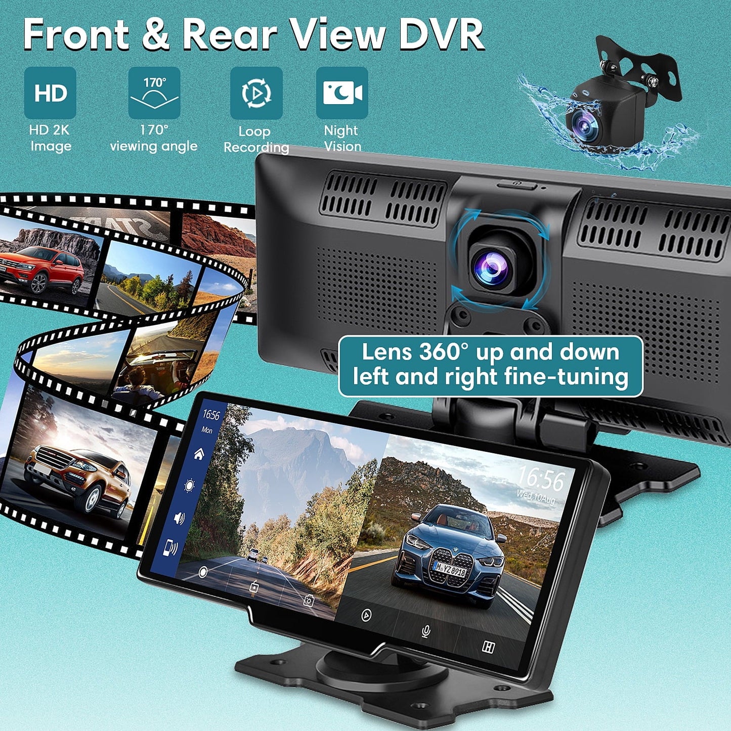 Wireless Carplay Screen for Car, 2.5K Dash Cam, 64G SD Card, Backup Camera, Bluetooth, GPS Navigation, Android Auto, 9.3" Portable Car Play Screen