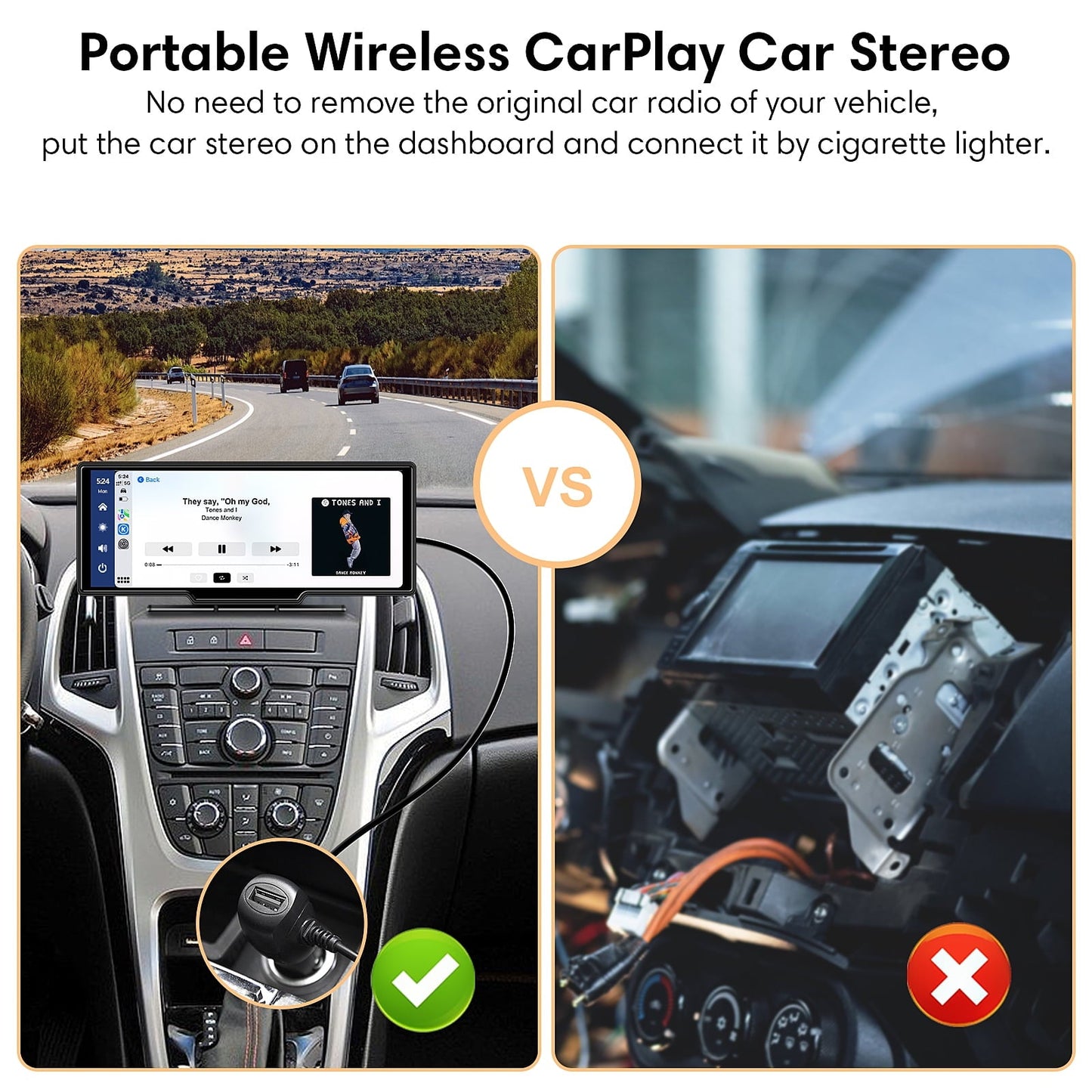 Wireless Carplay Screen for Car, 2.5K Dash Cam, 64G SD Card, Backup Camera, Bluetooth, GPS Navigation, Android Auto, 9.3" Portable Car Play Screen