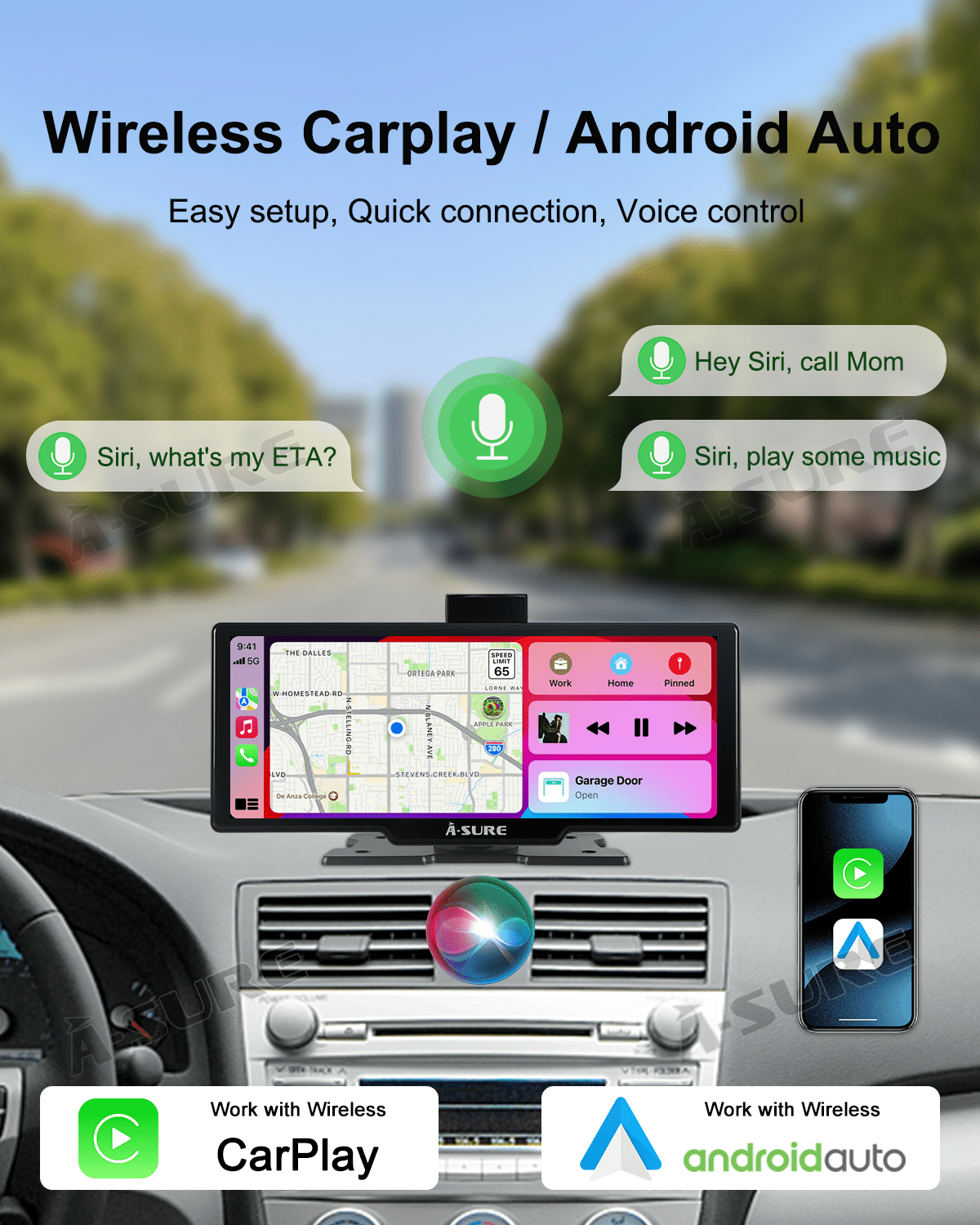 ASURE 10.26'' Portable Dual Camera Dash Mount Car Stereo with Wireless Apple CarPlay Android Auto, Universal Multimedia Player Dash Cam IPS Touchscreen