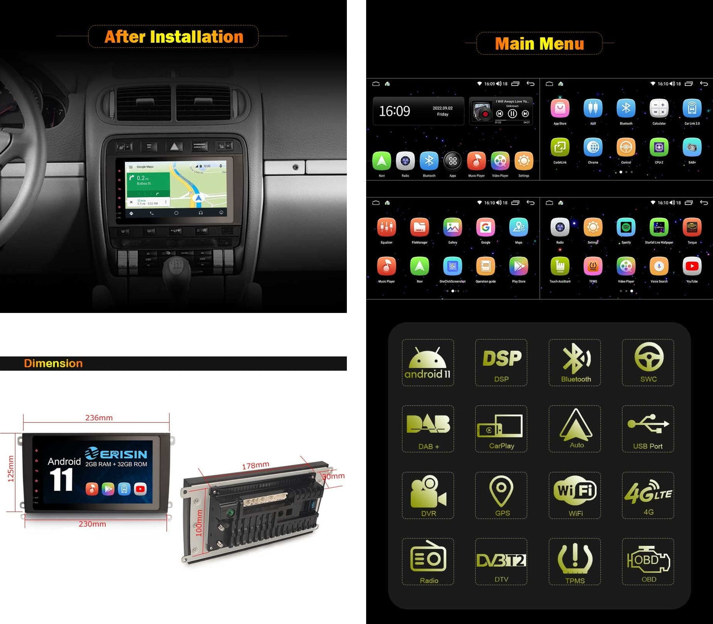 Mercedes-Benz Android Head Unit Android 11 Octa Core 2+32GB Car Stereo Head Unit for Mercedes Benz ML/GL-Class W164 Sat Nav DAB+Radio Carplay Android Auto Bluetooth WiFi SWC Handsfree DVB-T2 GPS DSP