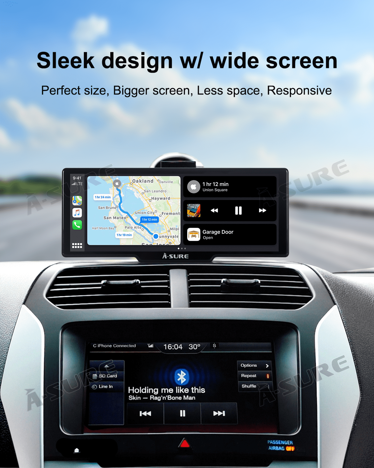 ASURE 10.26'' Portable Dual Camera Dash Mount Car Stereo with Wireless Apple CarPlay Android Auto, Universal Multimedia Player Dash Cam IPS Touchscreen