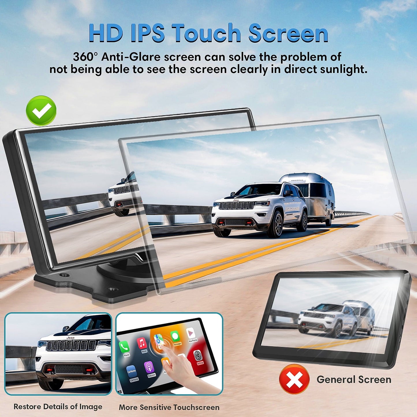 Wireless Carplay Screen for Car, 2.5K Dash Cam, 64G SD Card, Backup Camera, Bluetooth, GPS Navigation, Android Auto, 9.3" Portable Car Play Screen