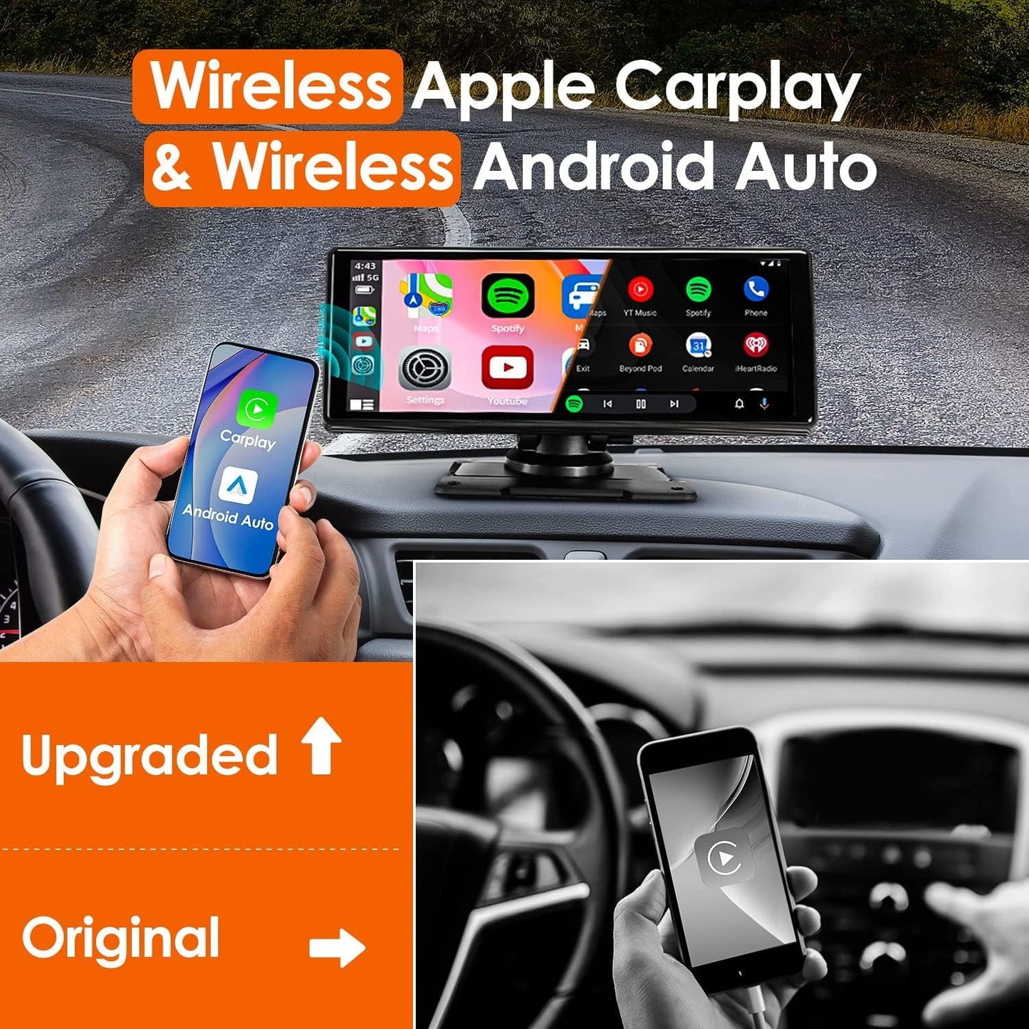 Wireless Apple CarPlay Dash Mount Portable Car Stereo, Android Auto, 9.33-Inch FHD Touchscreen Car Audio Receiver, Drivemate, Car Buddy with Voice Control, AUX/AV IN/USB, AHD Rear View Camera