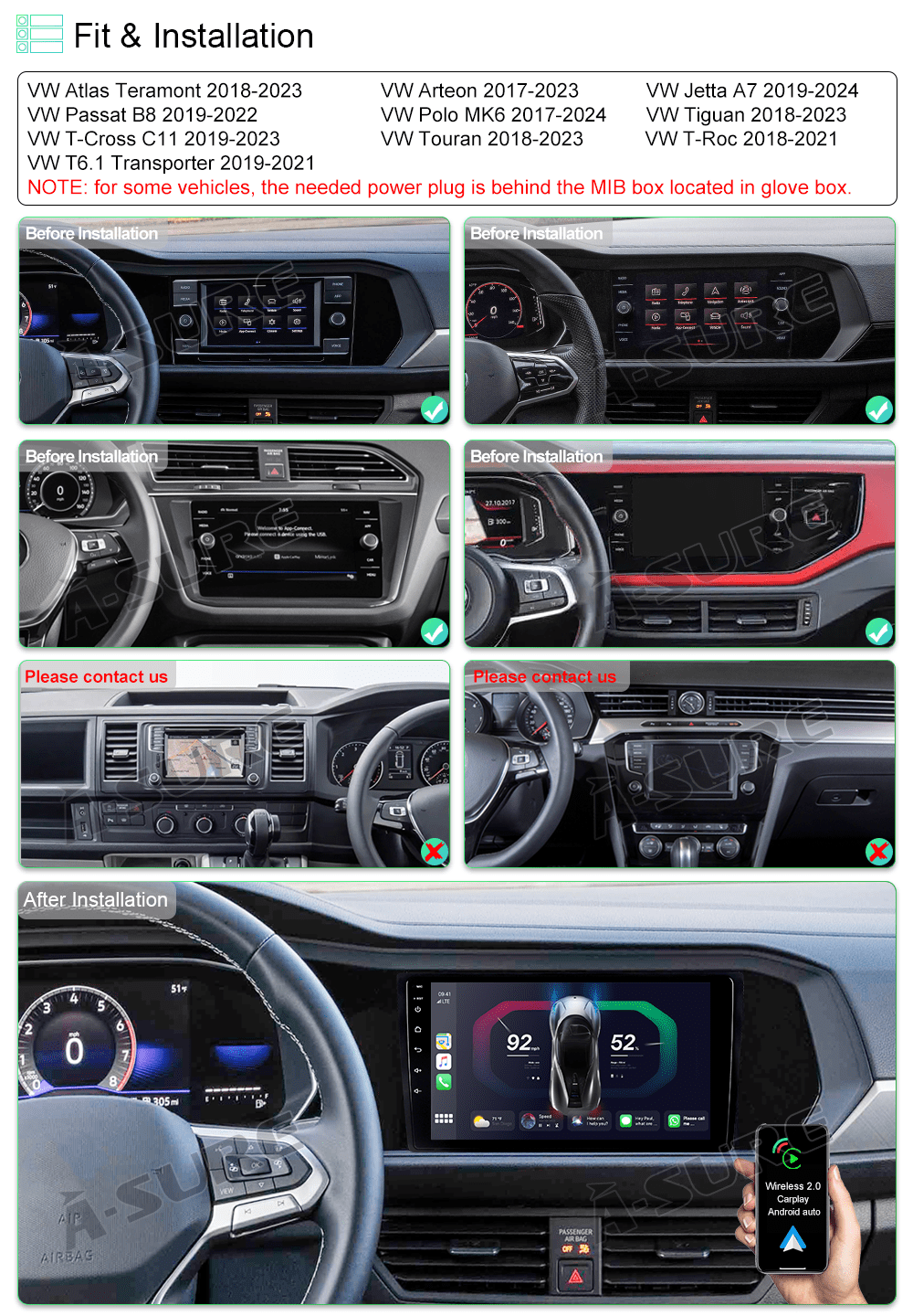 9" Android 13 Car Radio Stereo for VW Atlas Teramont Arteon Touran Tiguan Jetta Passat Wireless CarPlay GPS WiFi Bluetooth DSP SWC 2+32GB