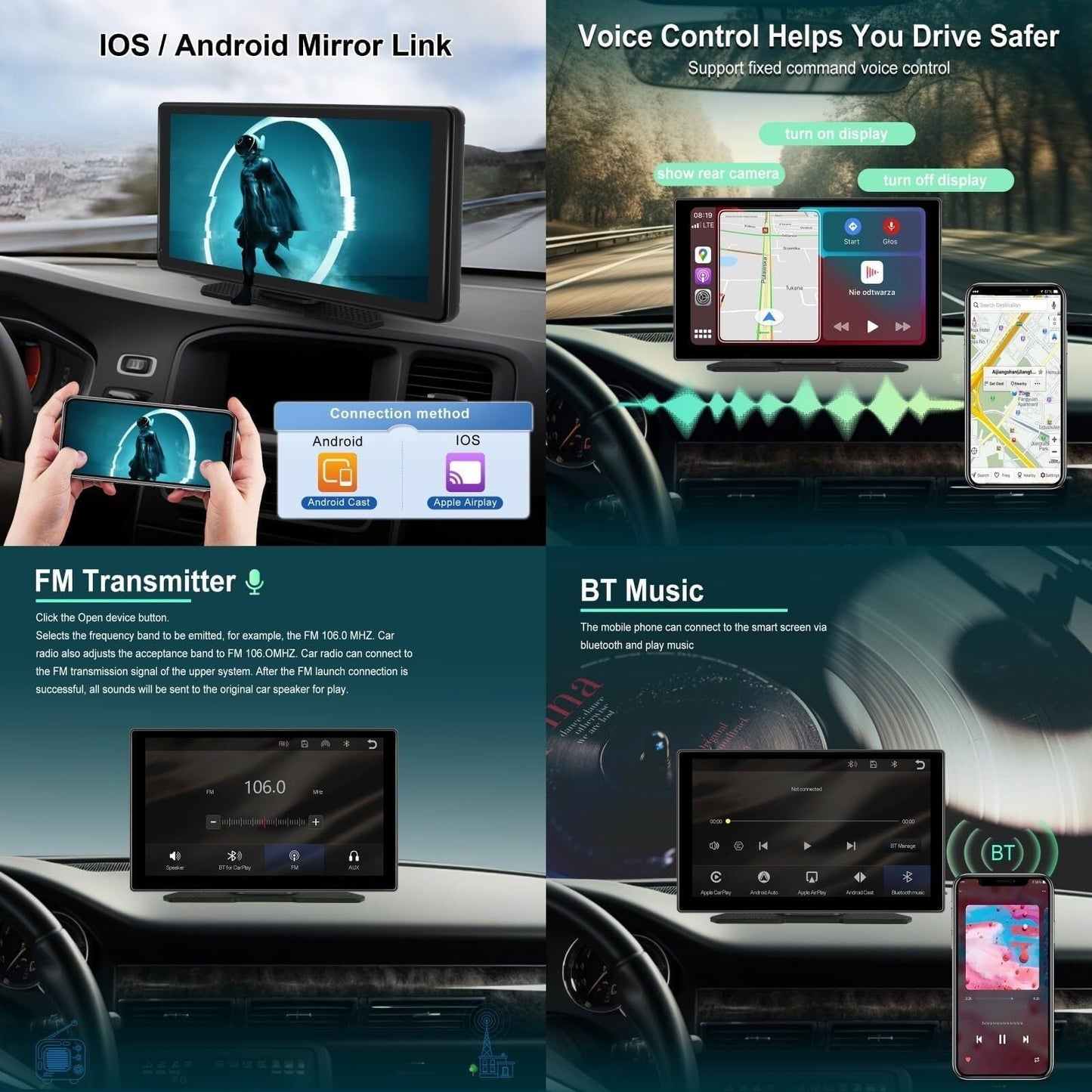 Portable Car Radio Wireless Carplay Android Auto Carplay Screen, Sovob 9'' HD Touchscreen CarPlay Screen FM Transmitter Voice Control, Bluetooth, AirPlay, Mirror Cast, AUX/FM 64G TF Card