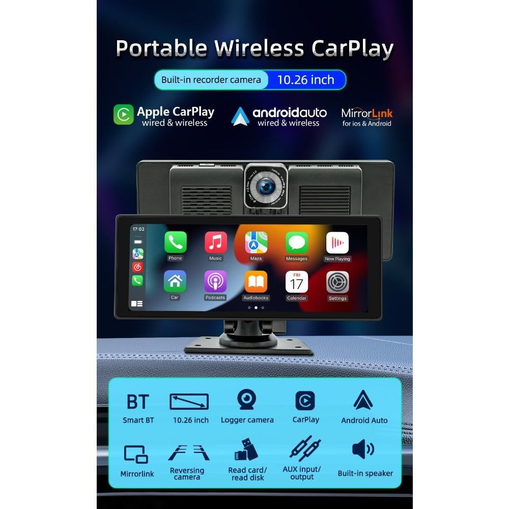 10.26 Inch Touch screen Stereo Radio Wireless Carplay Android Auto MP5 Player BT Mirrorlink Built-in Camera Driving Recorder