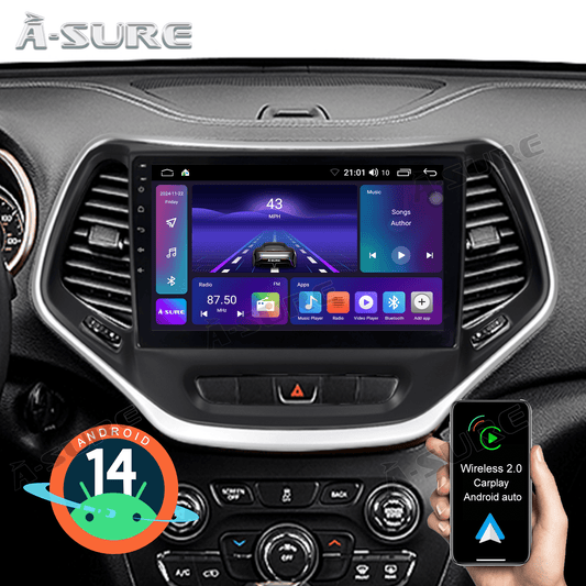 10.1" Android 14 2+64GB Car Stereo Radio for Jeep Cherokee 2014-2018 Wireless CarPlay GPS WiFi Bluetooth DSP RDS SWC USB