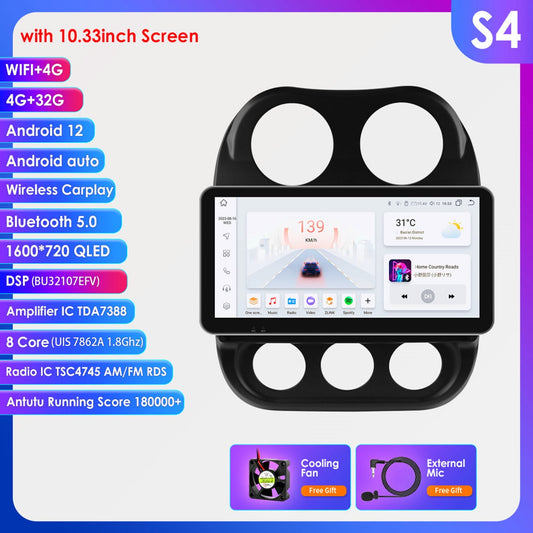 10.33" Touch Screen Android 12 Wifi 4+32GB Carplay Car Stereo Radio Head Unit Multimedia GPS Navigation Player For Jeep Compass Patriot 2011 2012 2013 2014 2015 2016 2017