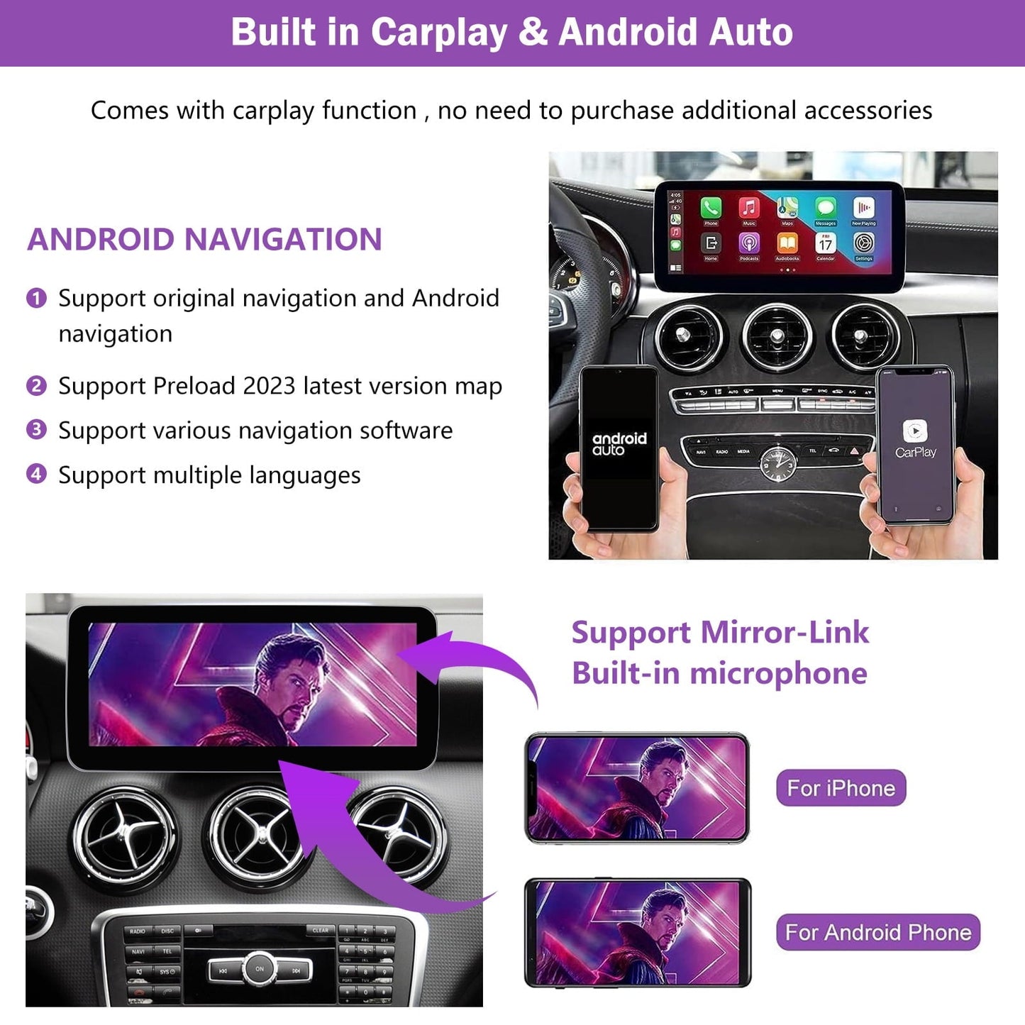 Mercedes-Benz Android Head Unit    Road Top 12.3" Android Car Stereo with CarPlay for Mercedes-Benz C117 X117 2013-2015, 8+256GB