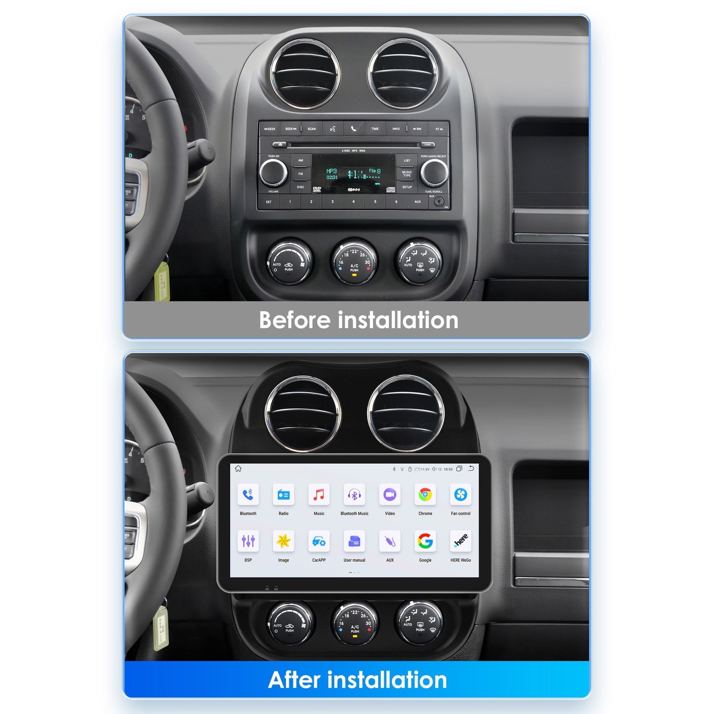 10.33" Touch Screen Android 12 Wifi 4+32GB Carplay Car Stereo Radio Head Unit Multimedia GPS Navigation Player For Jeep Compass Patriot 2011 2012 2013 2014 2015 2016 2017