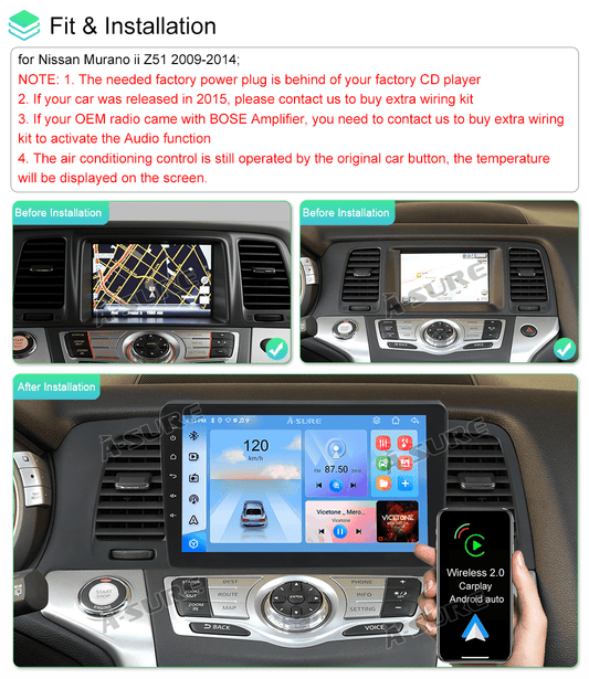 ASURE 8 Core 6+128GB Android 13 Car Radio Stereo for Nissan Murano 2009-2014 Wireless CarPlay Bluetooth WiFi 4G LTE GPS DSP