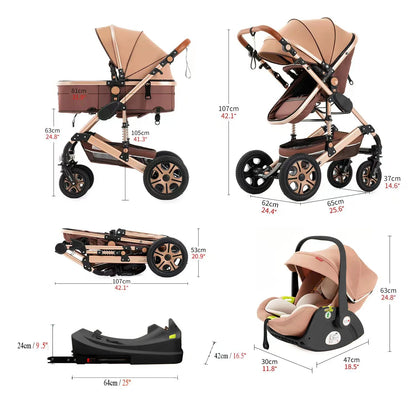 3 in 1 Baby Stroller,Baby Travel System,Baby Carriage 3in1 with Isofix Base,Foldable Newborn Pram,Reversible Standard Stroller