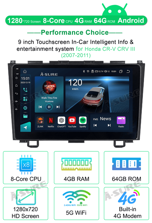 4+64GB Android 13 CarPlay Car Radio Stereo for Honda CR-V CRV 2007-2011 Bluetooth WiFi 4G LTE GPS DSP Honda Android host