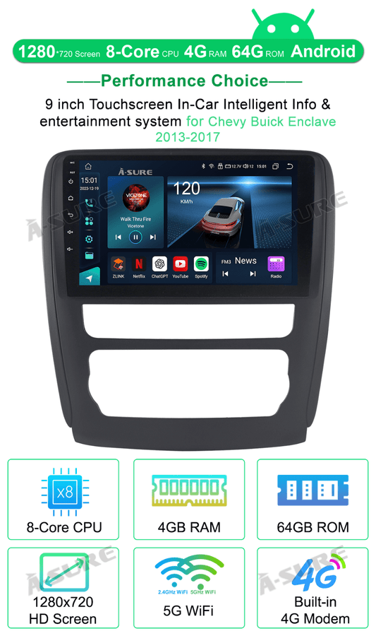 8-Core 4+64GB Android 13 Car Radio Stereo for Chevy Buick Enclave 2013-2017 GPS Navi Wireless CarPlay WiFi BT