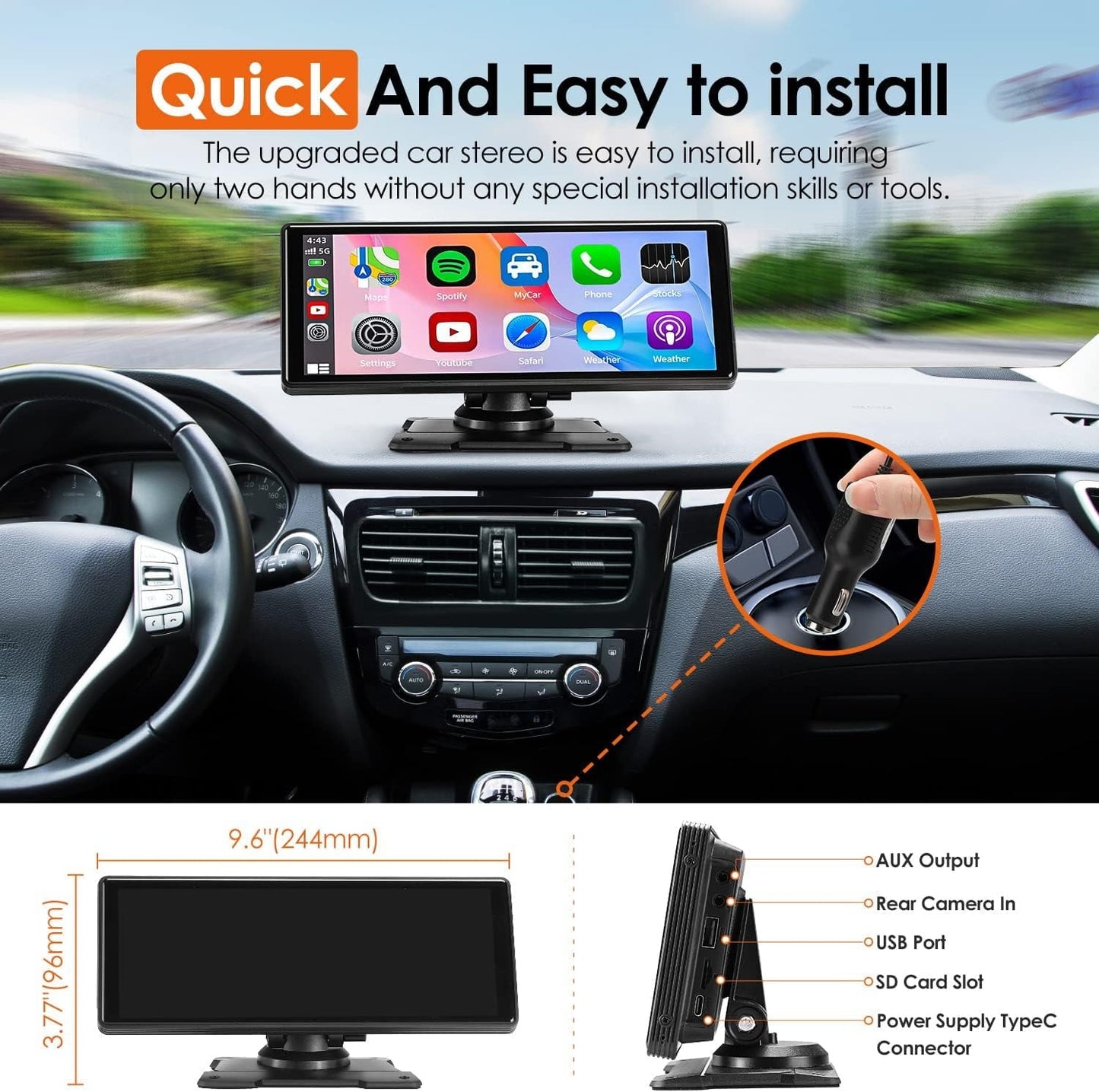 Wireless Apple CarPlay Dash Mount Portable Car Stereo, Android Auto, 9.33-Inch FHD Touchscreen Car Audio Receiver, Drivemate, Car Buddy with Voice Control, AUX/AV IN/USB, AHD Rear View Camera