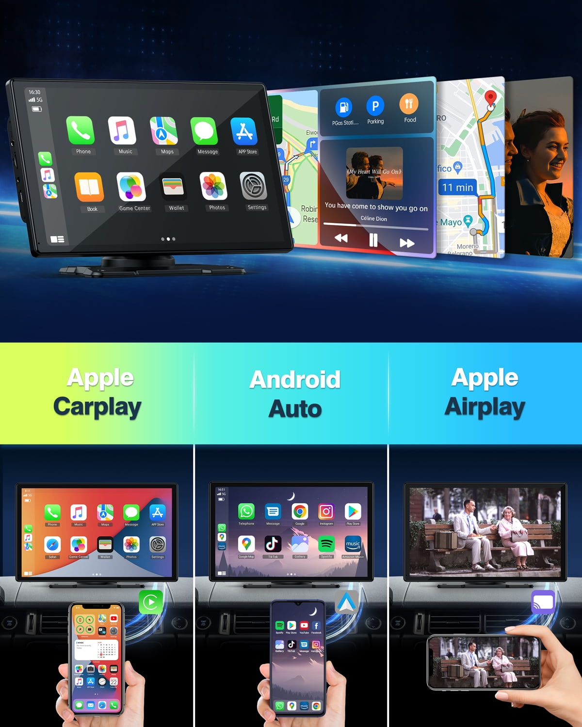 Lamtto 9 inch Wireless Apple Carplay and Android Auto,Portable Touch Screen Car Stereo, with Bluetooth, FM, GPS Navigation, Siri, 1080P Backup Camera
