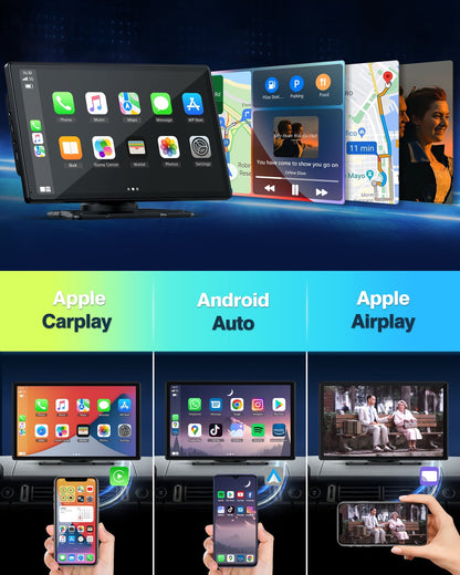 Lamtto 9 inch Wireless Apple Carplay and Android Auto,Portable Touch Screen Car Stereo, with Bluetooth, FM, GPS Navigation, Siri, 1080P Backup Camera