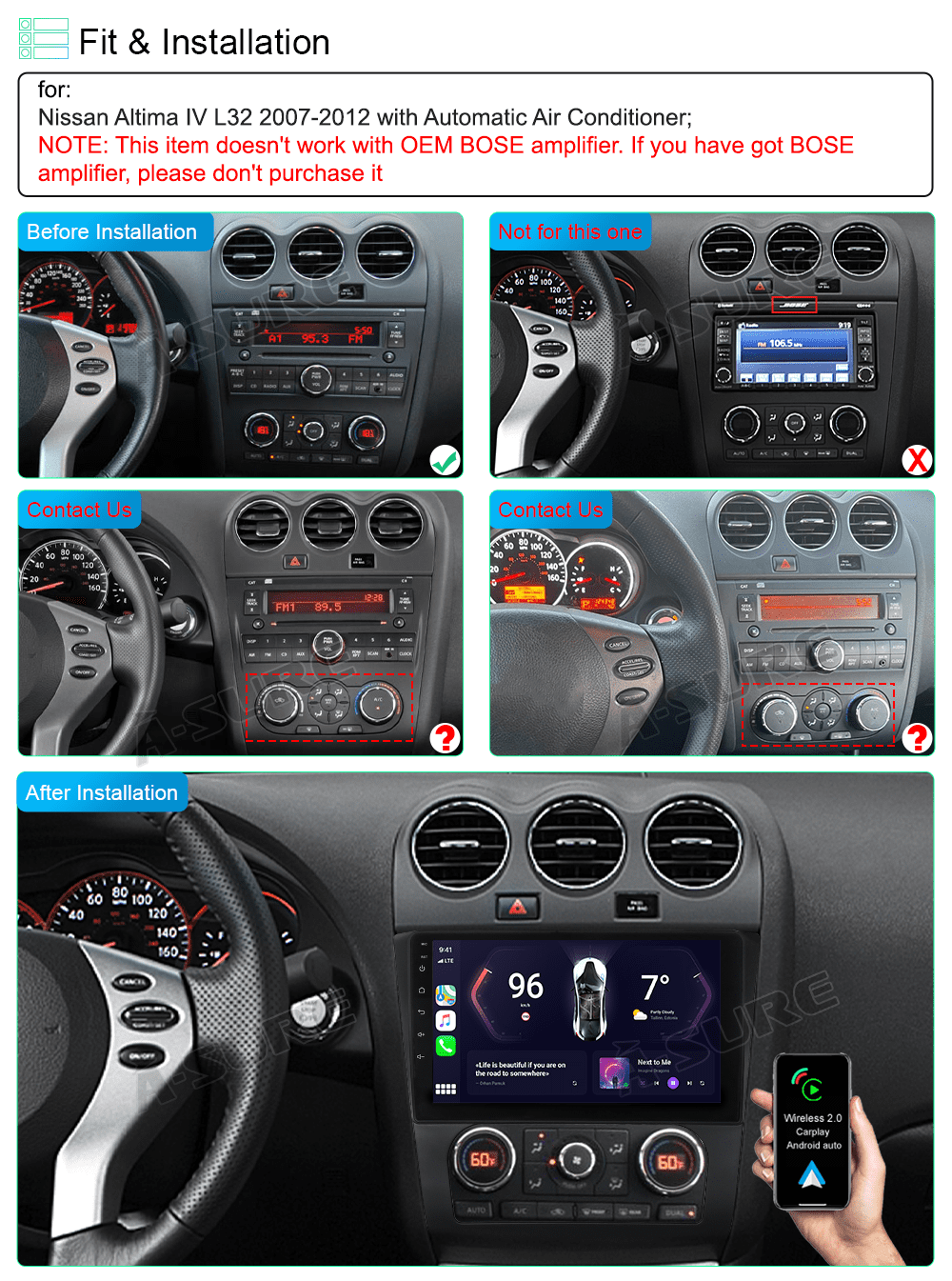 A-Sure Android 12 Car Stereo Radio for Nissan Altima IV L32 2007-2012 with Automatic A/C, 2GB +32GB