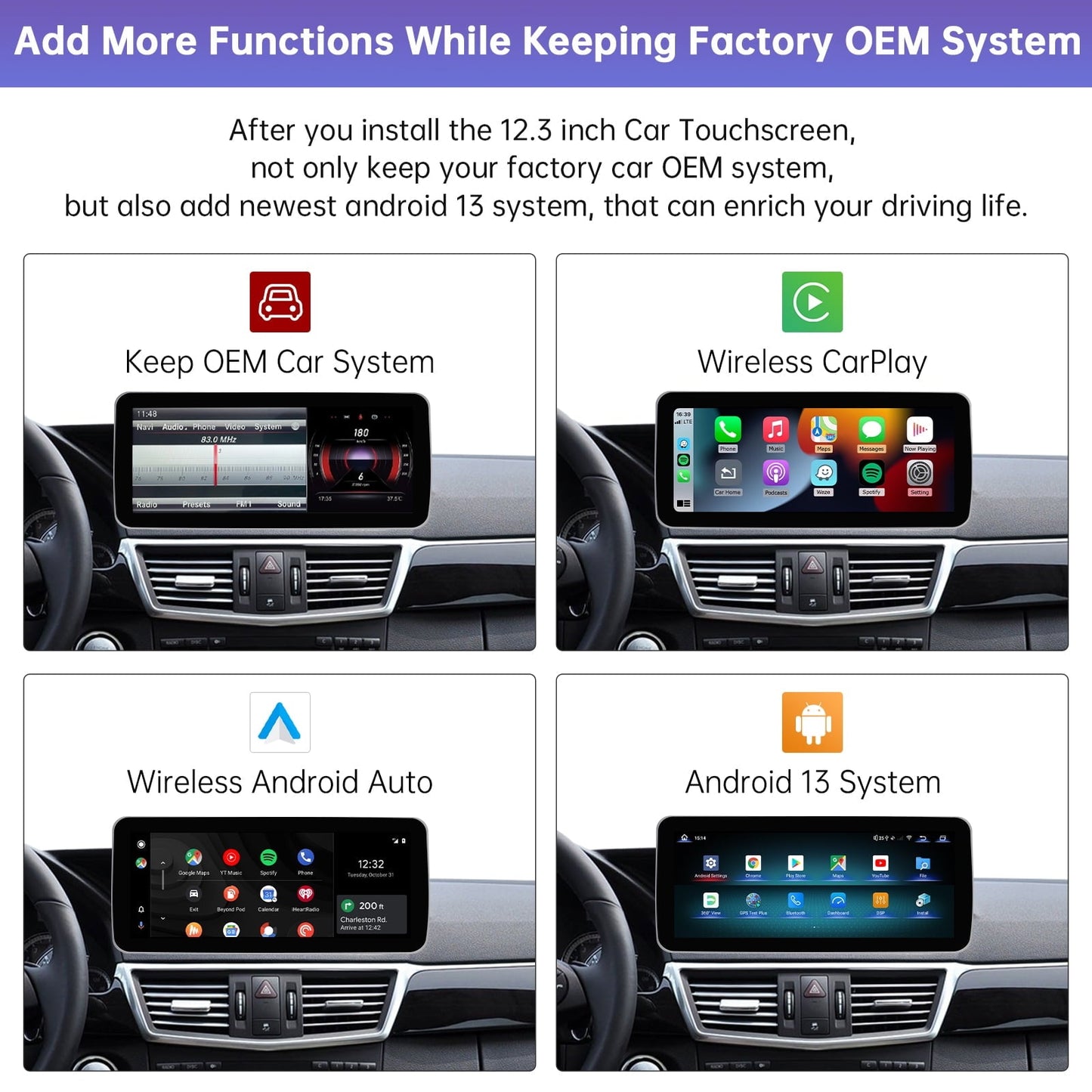 Mercedes-Benz Android Head Unit    Road Top 12.3'' Android 13 Car Radio Wireless Carplay Touchscreen for Mercedes Benz E Class W212 2009-2014 Year, 8+256 GB Car Stereo, Support Wirless Android Auto, Navigation, Camera