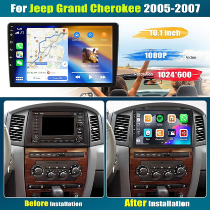 2 64G Android Car Stereo for Jeep Grand Cherokee 2005-2007 with Carplay&Android Auto 10.1 Inch Touch Screen Car Radio with GPS WiFi Bluetooth FM RDS Dual USB