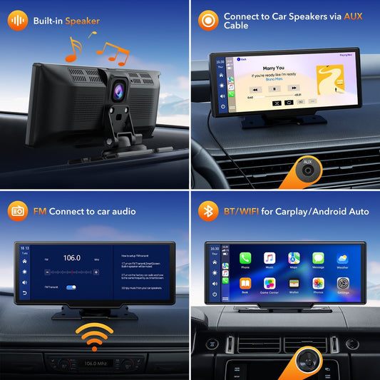Lamtto 10.26" Wireless Carplay and Android Auto, 2.5K +1080P Dash Cam, Portable Carplay Screen for Car GPS Navigation, Car Stereo Receiver with Bluetooth, Airplay, Google, Siri