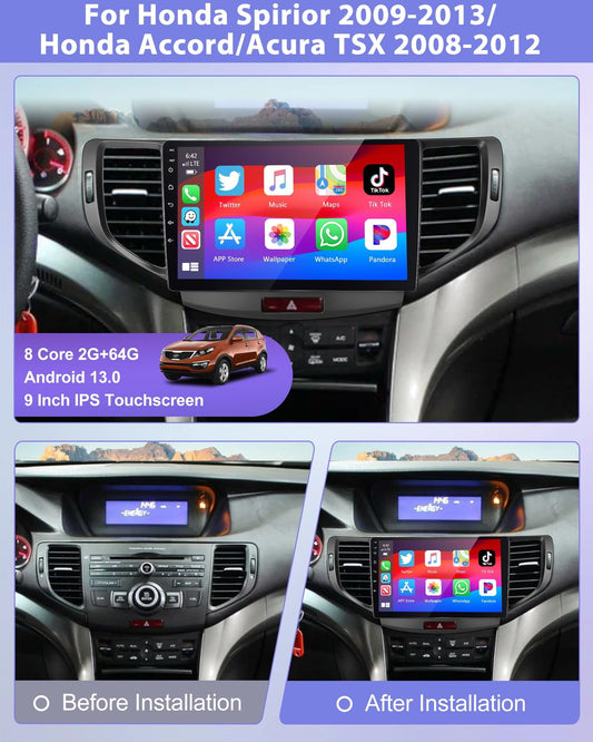 2+64G Car Stereo for Acura TSX 2009-2014/Honda Spirior Accord 2008-2012 with Apple Carplay Android Auto,WiFi 9'' IPS 1280*720 Touchscreen Car Radio with GPS,Bluetooth,FMRDS+Backup Cam C42