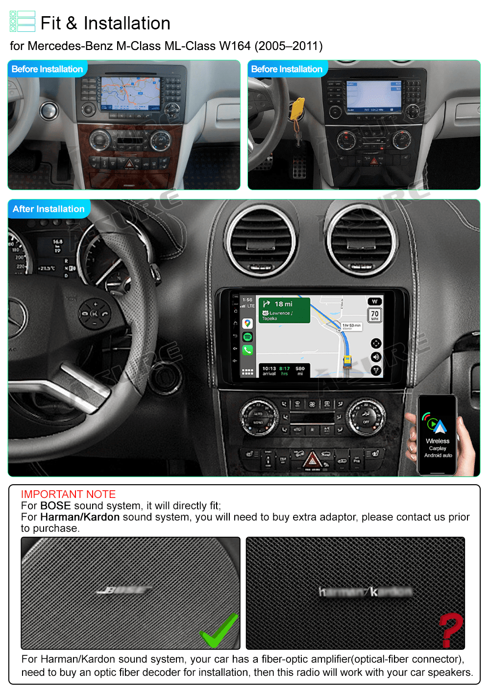 Mercedes-Benz Android Head Unit    Junhua 9" CarPlay Android 12 Car Stereo for Mercedes-Benz ML-Class W164, GPS, Bluetooth, USB