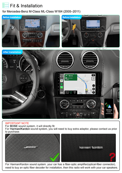 Mercedes-Benz Android Head Unit    Junhua 9" CarPlay Android 12 Car Stereo for Mercedes-Benz ML-Class W164, GPS, Bluetooth, USB
